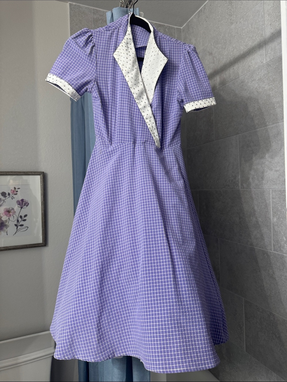 Dance costume Lilac Check Vintage-Style Dress with Contrast Trim